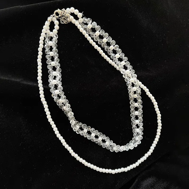 

Retro double pearl crystal necklace female South Korea simple temperament with personality necklace clavicle chain