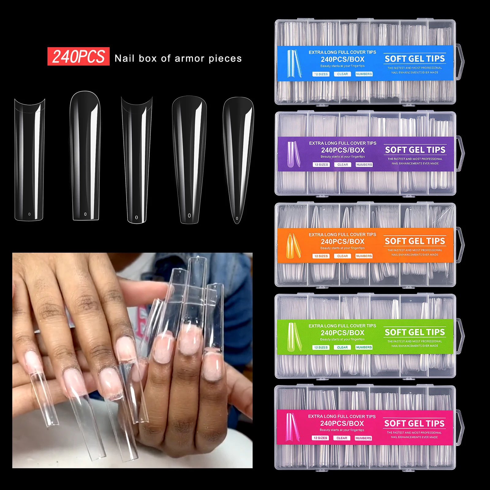 

240pcs XXXL Clear plus size Nail Tips Full/Half Cover French Coffin ballerina Stiletto Acrylic Nails C Curved False Nail