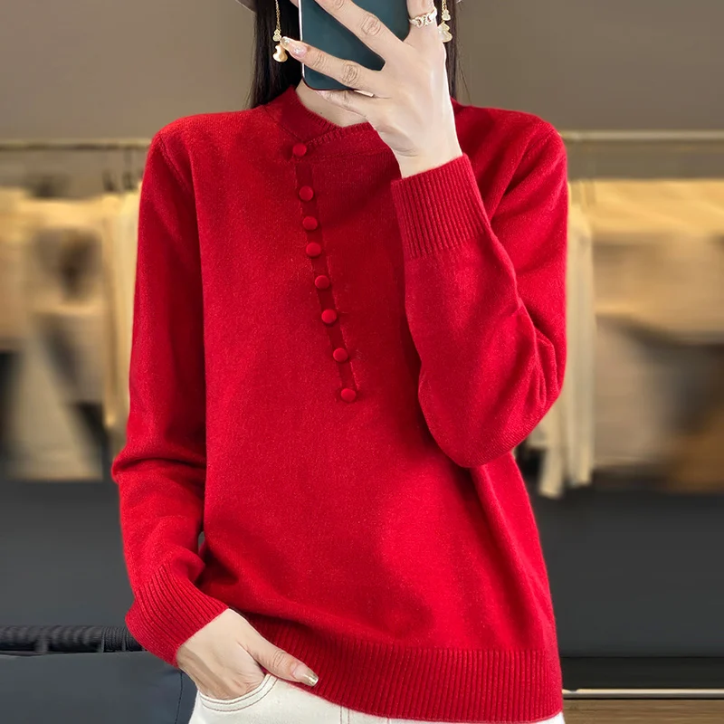 Весенне-осенний свитер женский вязаный с круглым вырезом топы длинными рукавами