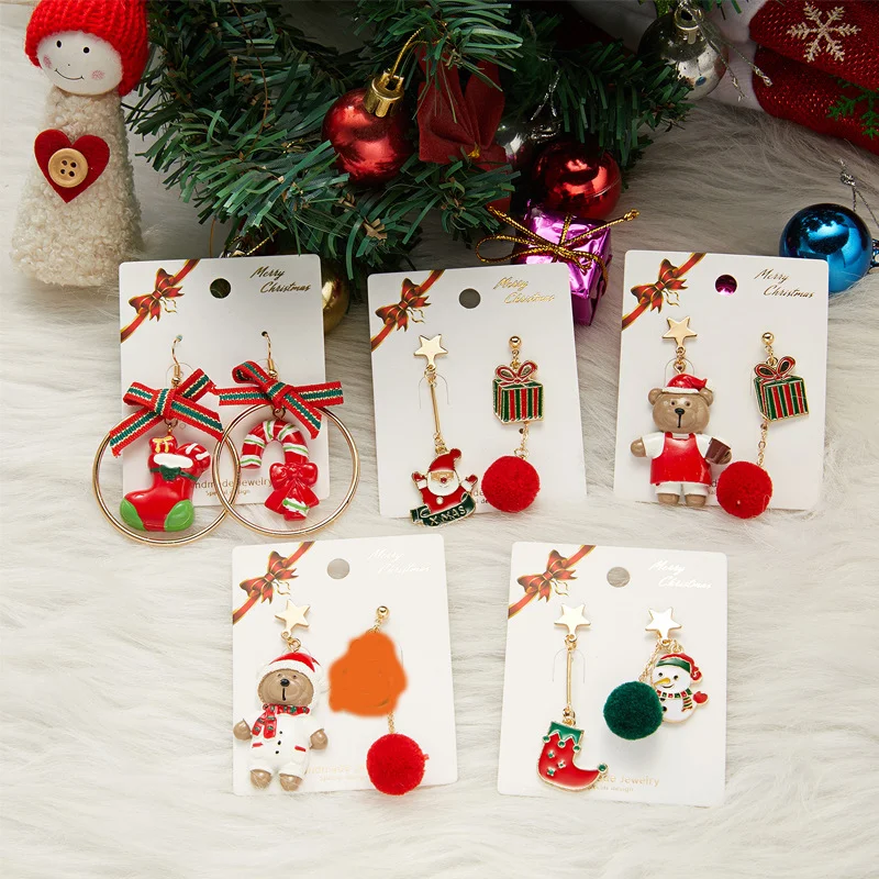 

New Design Asymmetric Earrings for Women Trendy Bijoux Xmas Tree Brown Bear Snowman Santa Claus Pendientes Hot Christmas Gifts