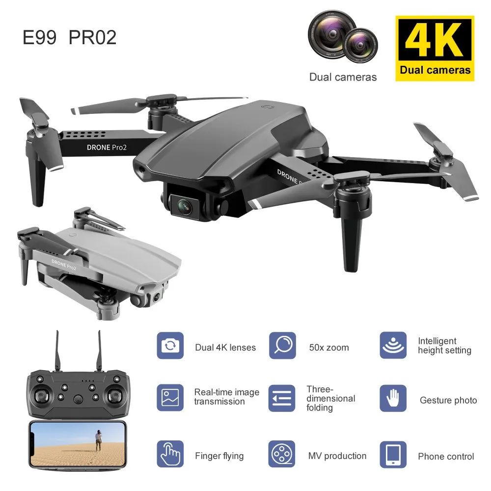 

FHD UAV E99 Pro2 Дрон 4K оптический поток Квадрокоптер с двойной камерой складной RC Дрон Smart Follow Me широкоугольная камера Безголовый