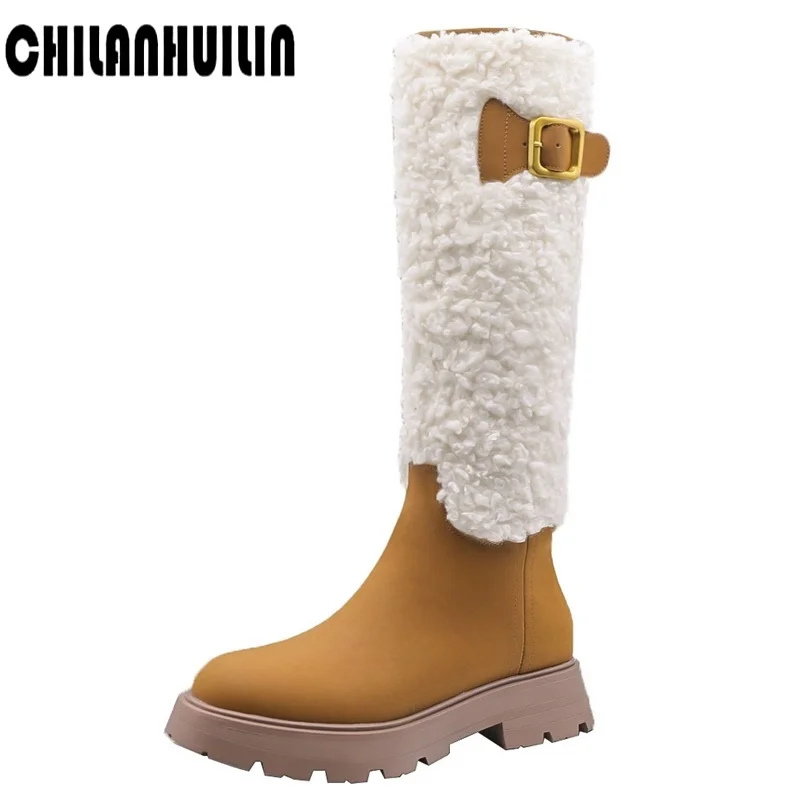 

keep warm winter snow boots women fashion leather thick fur platform knee high boots woman wedge high heels Russia bootas mujer