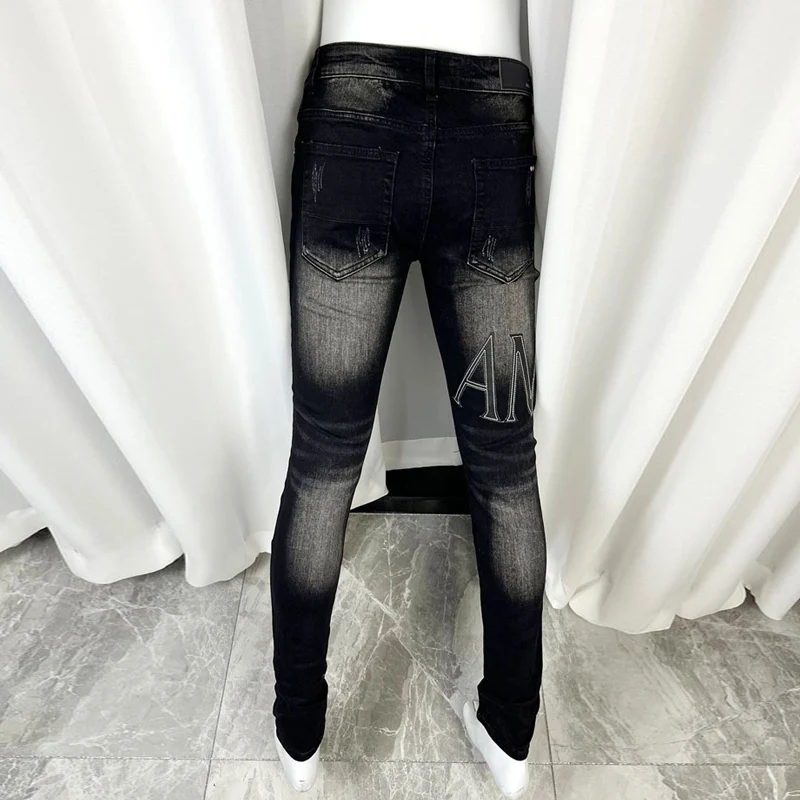Street Fashion Men Jeans Retro Black Gray Stretch Elastic Slim Fit Ripped Jeans Men Patch Designer Hip Hop Brand Pants Hombre
