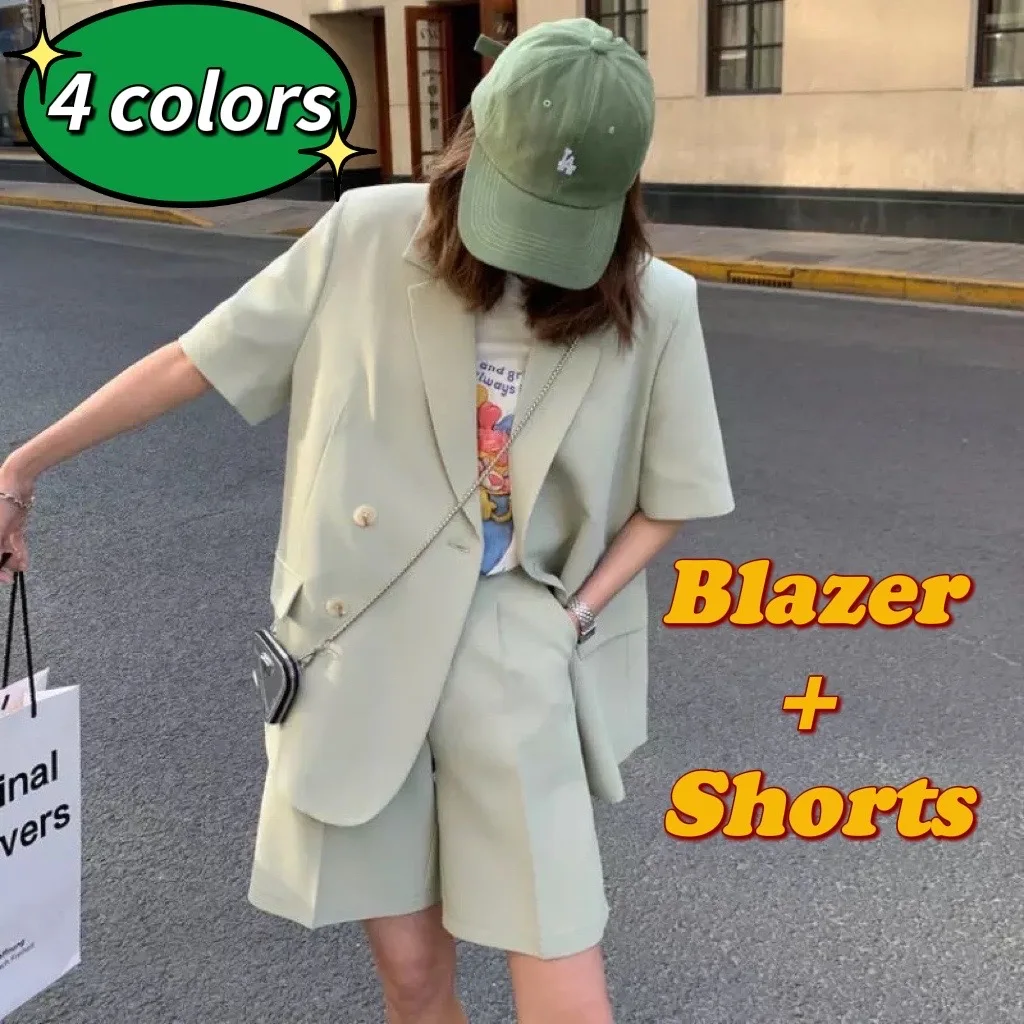 

Ladies Plus Size S-4XL Chic Short Sleeve Loose Blazer High Waist Wide Leg Shorts Korean Ladies Outfit 2 Piece Streetwear