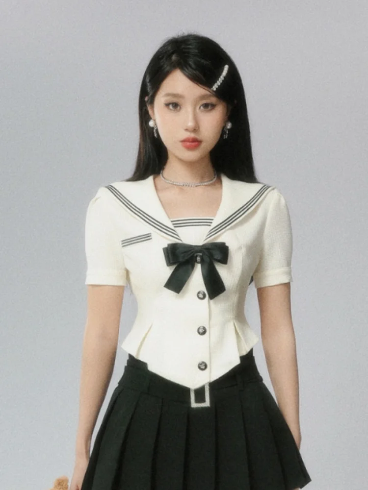 

ADAgirl White Navy Sailor Collar Blouse Short Sleeve Cute Top for Women Preppy Style Lolita Shirts Kawaii School Clothes Japan