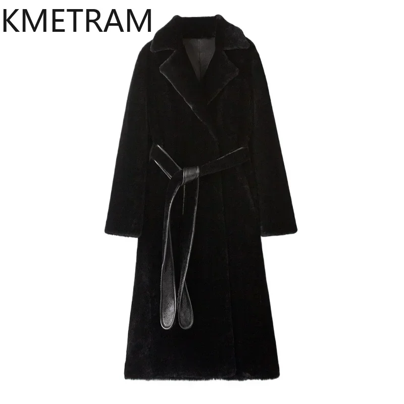 Женская шуба из натуральной мериносовой шерсти с поясом куртка натурального