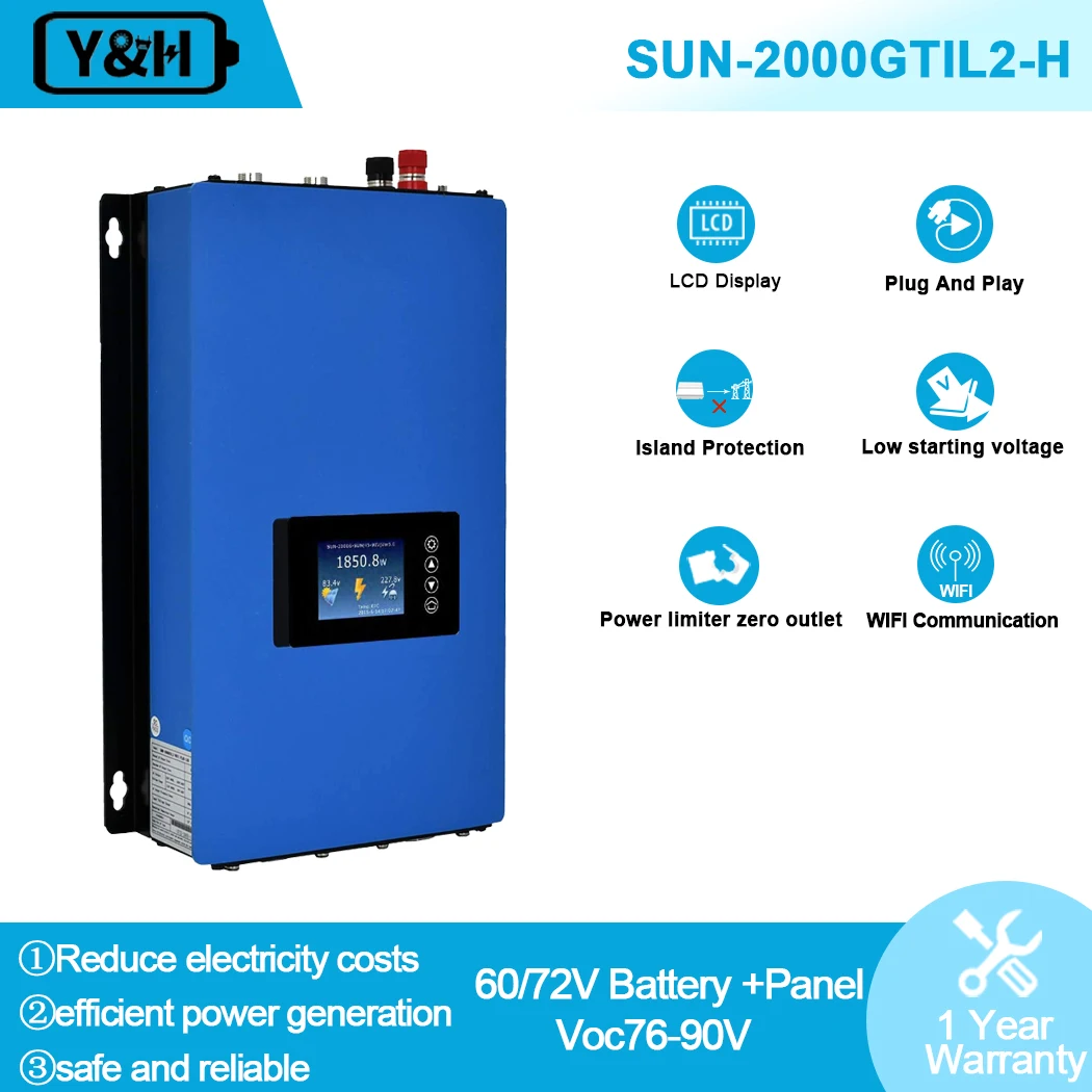 2000W Battery Discharge Power Mode/MPPT Solar Grid Tie Inverter 2KW with Limiter Sensor DC 45-90V AC 220V 230V 240V PV