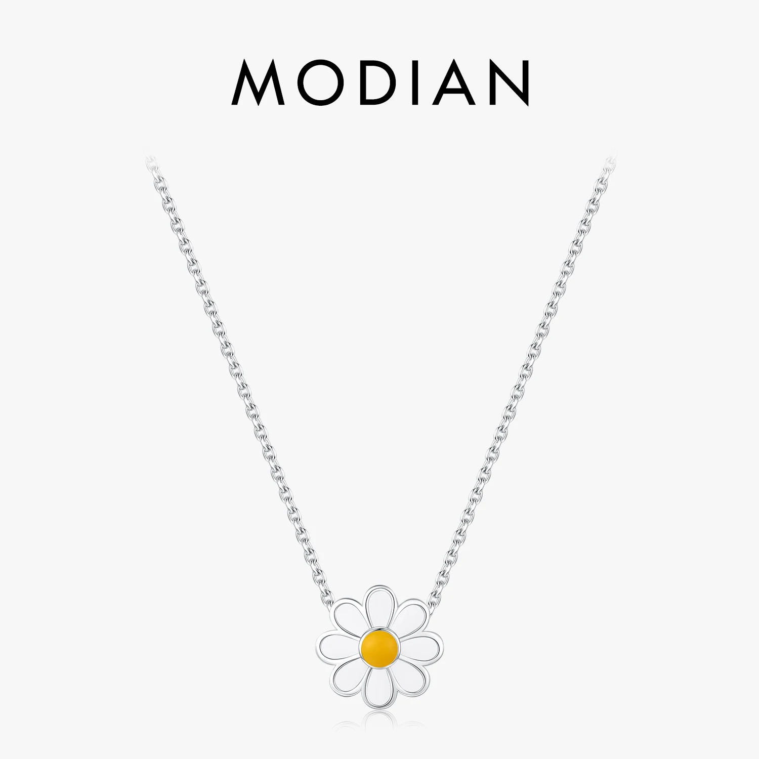 

MODIAN 925 Sterling Silver White Enamel Flower Pendant Necklace Charm Daisy Neck Link Chain For Women Hypoallergenic Jewelry