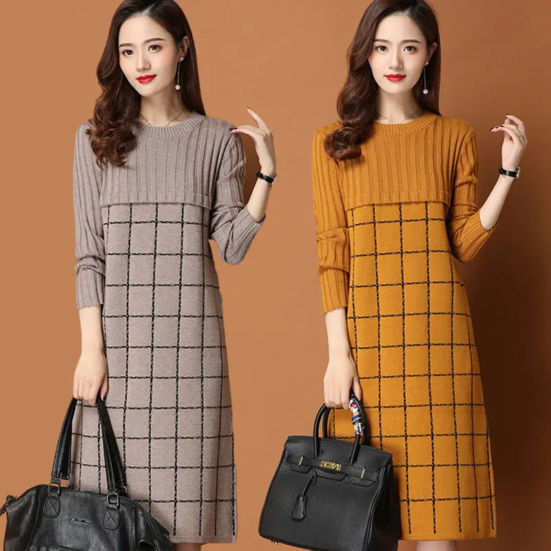 

Autumn Winter Dress Women Loose Fashion Temperament Fashion Knit Sweater Dresses O Neck Long Sleeve Midi Pullover Dresses E705