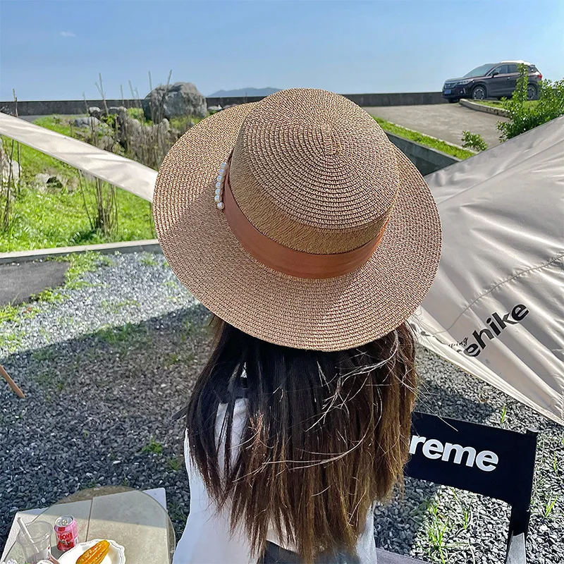 

Шляпа Стразы с французским жемчугом и плоским верхом Женская летняя модная соломенная шляпа Защита от солнца с широкими полями шляпа от сол...
