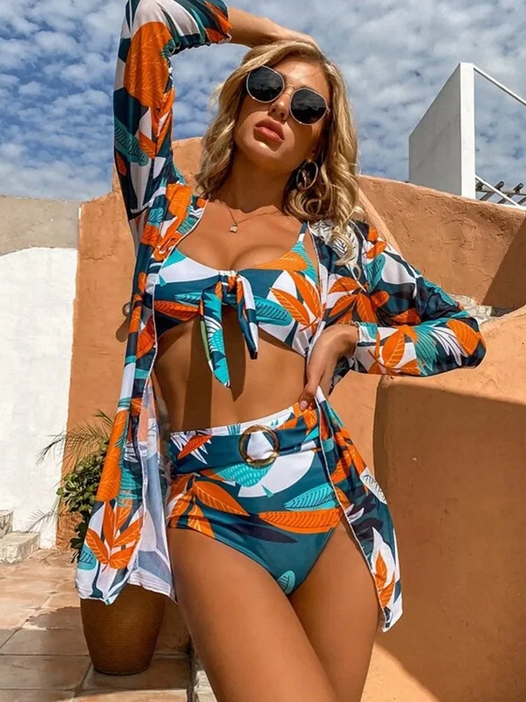 

Комплект бикини из 3 предметов для женщин с кардиганом, накидка, топ, купальный костюм, Летний новый принт, пляжная одежда, бразильский компл...