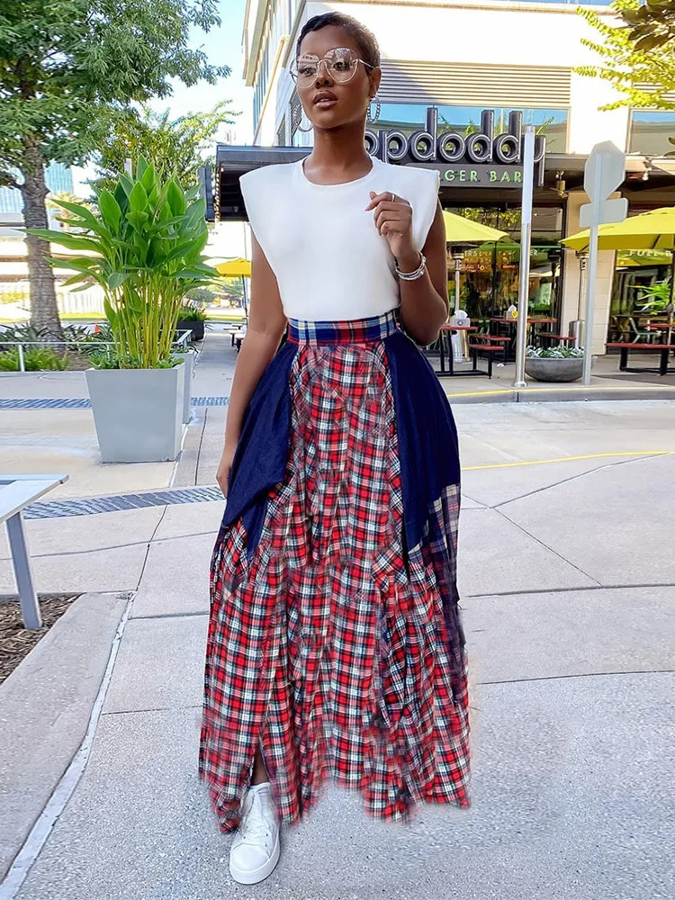 Женская плиссированная юбка в клетку винтажная клетчатая Макси-юбка с