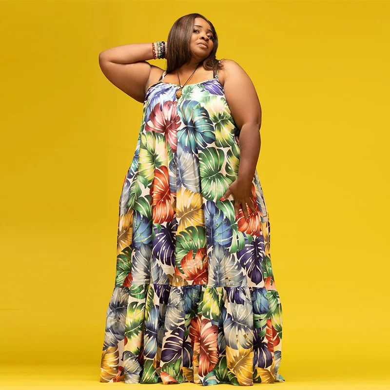 

2022 Loose Dress Ruffled Large Swing Skirt Plus Size Straps Dress