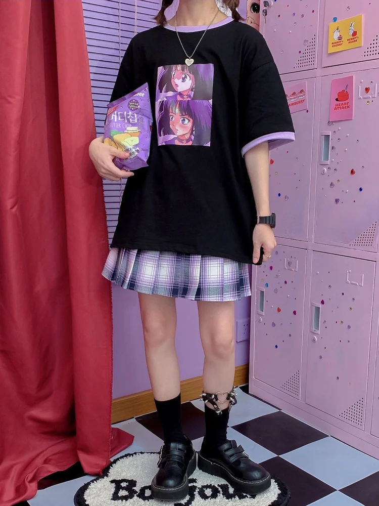 Deeptown Kawaii Anime Graphic T-shirt Japanese Two-domensional Cartoon T Shirt Harajuku Print Tees Summer Short Sleeve Top Women