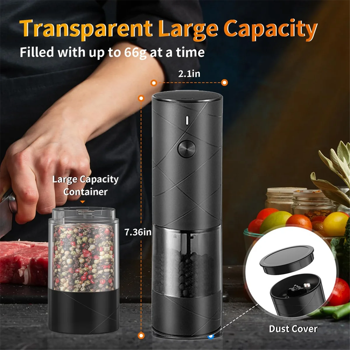 Электрическая мельница для соли и перца с теплым светодиодом регулируемая