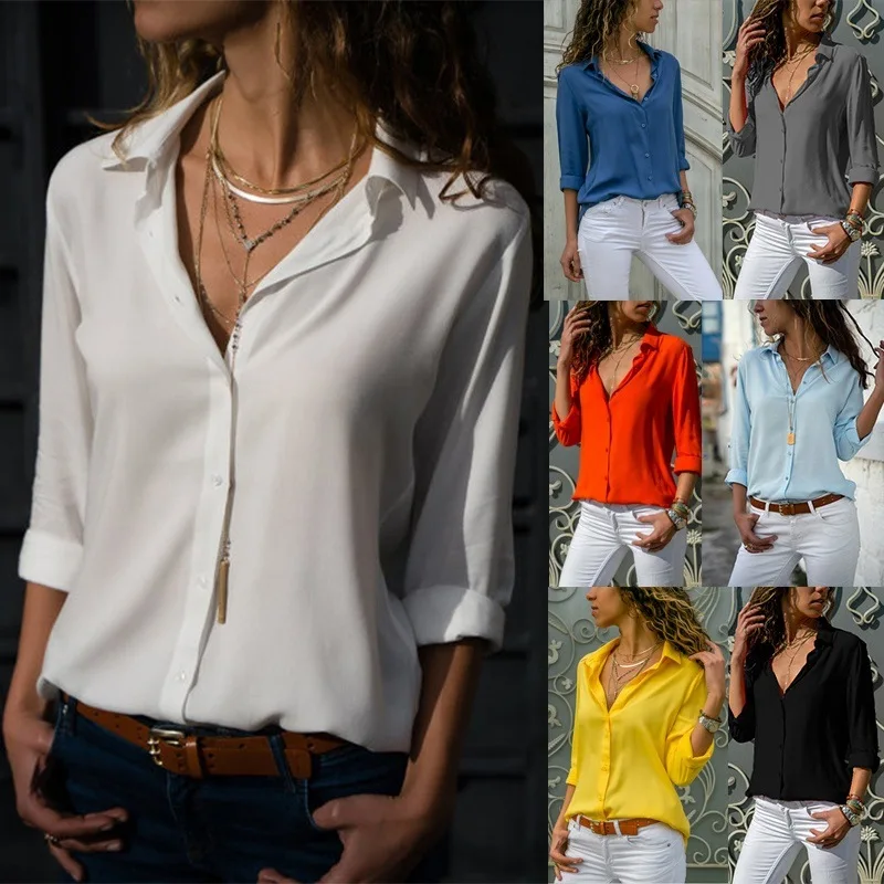 

2022 autumn and winter women's long-sleeved women's deep V button chiffon shirt