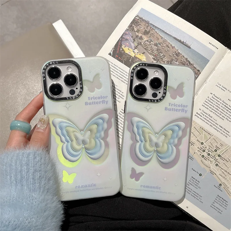 

Cute Laser Butterfly Phone Case For iPhone 14 13 12 Pro Max 11 14 Pro Fashion Side Plating Keys Cases Silicone Protective Cover