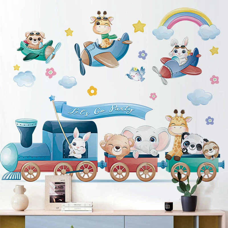 

Мультяшные дорожные наклейки на стену в виде животных Let's Go, вечерние, детская комната, съемная декорация для спальной комнаты, фрески, домаш...