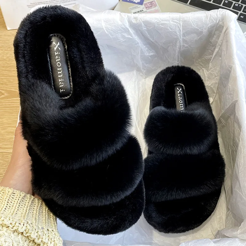 

Шлепанцы женские меховые, сланцы из флока, массажные тапки на плоской подошве, плюшевые, осень 2022