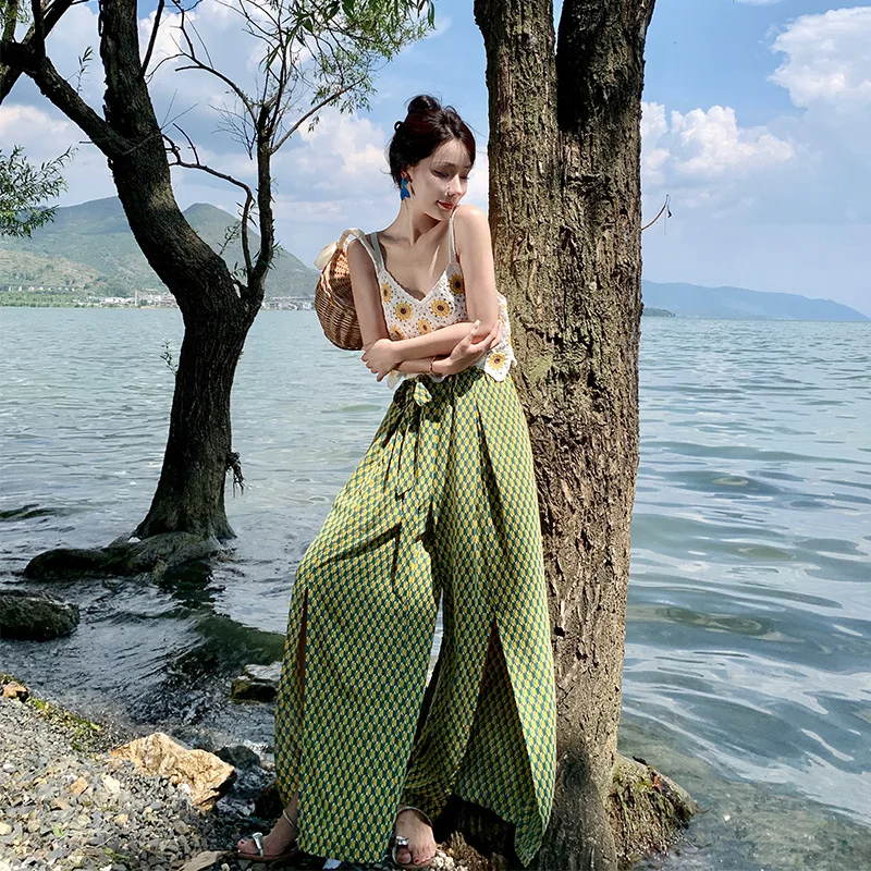 

TFETTERS Casual Pants Women 2023 New Seaside Bohemian Split Chiffon Plaid Wide Leg Pants Elastic Waist Floor Length Summer Pants