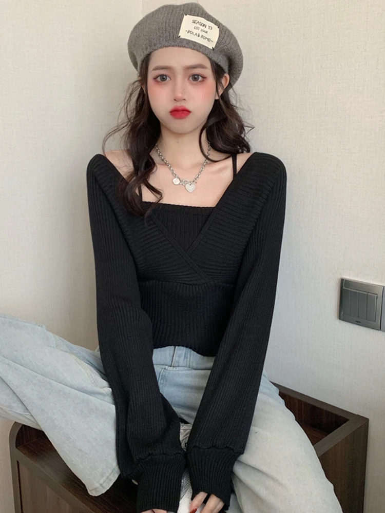 Поддельные два свитера женские весенне-осенние новые сексуальные вязаные с