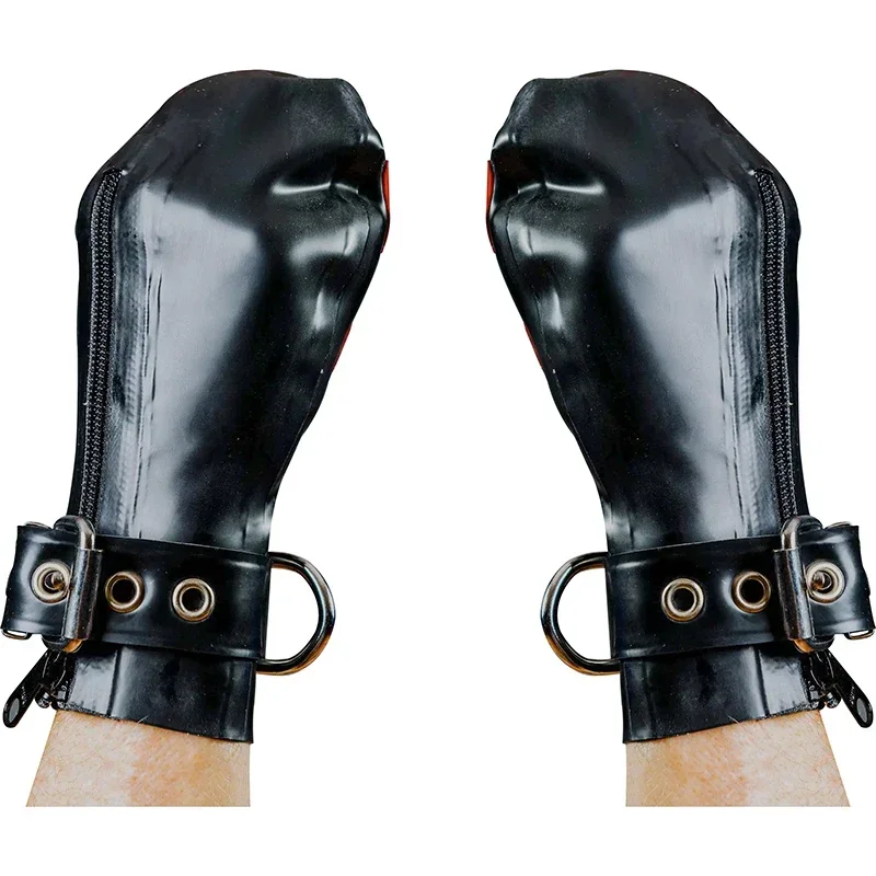 Черные и оранжевые пикантные короткие латексные перчатки с ремнями D-образными