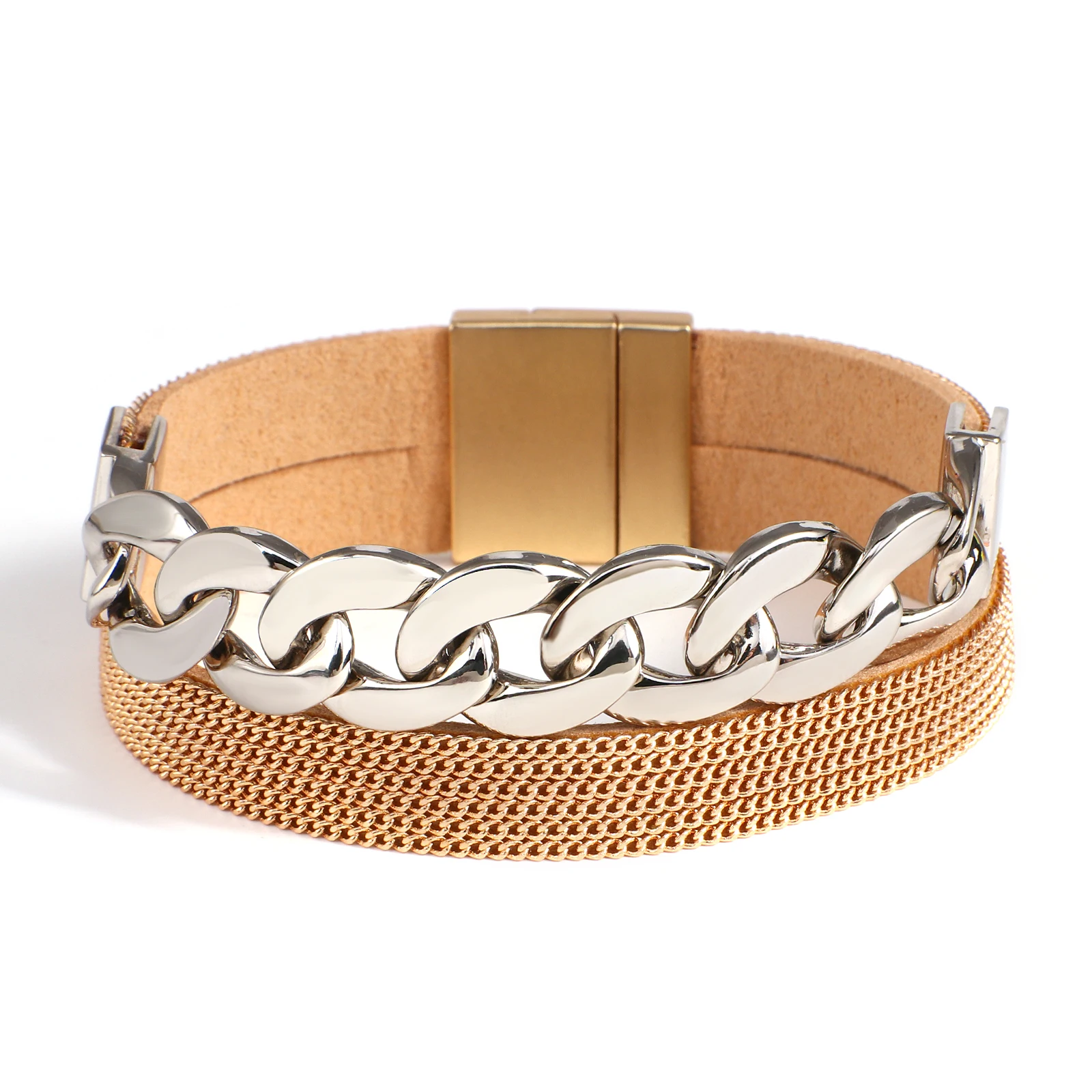 

Flashbuy New Chunky Stainless Steel Thick Chain Leather Bracelets for Women Vintage Wrap Bangles Magnetic Buckle Jewelry