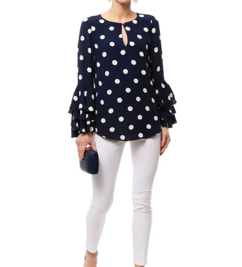 

Women Polka Dot Chiffon Shirts Spring Summer Fashion Hollow O Neck Flare Sleeve Elegant Office Lady Blouse Tops Casual Shirt