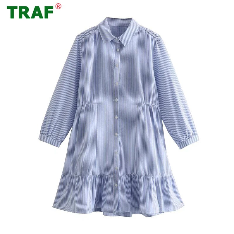 

TRAF Striped Shirt Dress Women Blue Ruffle Short Dress Woman Pleated African Dresses for Women 2022 Summer Casual Female Dress