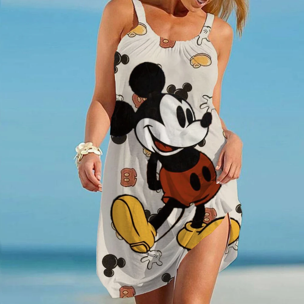 

New Plus Size Dresses Europe and America Disney Ladies New Cartoon Mickey Mouse Minnie Sling Dress Casual Beach Dress Sun Dress