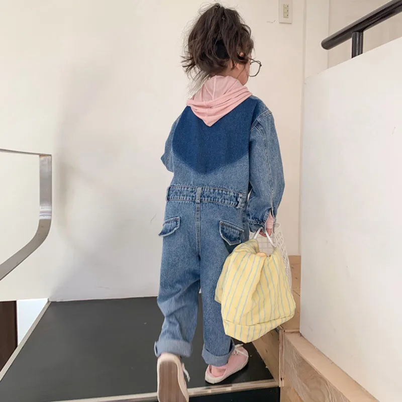 

Children's clothing 2023 spring girl's back love print denim jumpsuit women's fashion jumpsuit 4-40