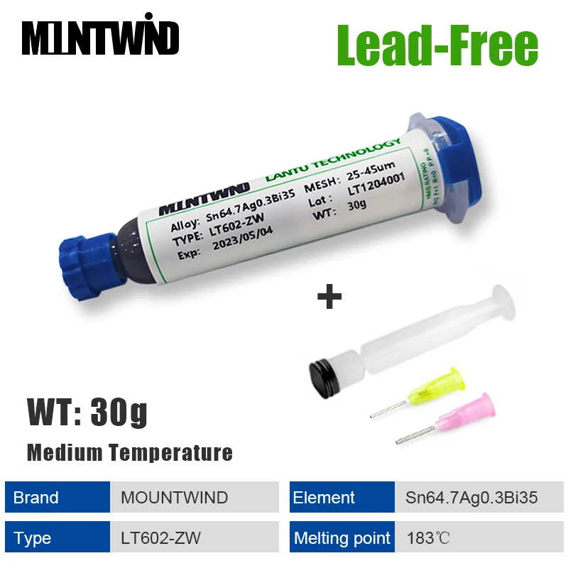 

MOUNTWIND T4 Solder Paste Lead-Free Sn64.7Ag0.3Bi35 Medium Temperature 183°C Flux For Soldering BGA Rework PCB LED SMT Patch IC