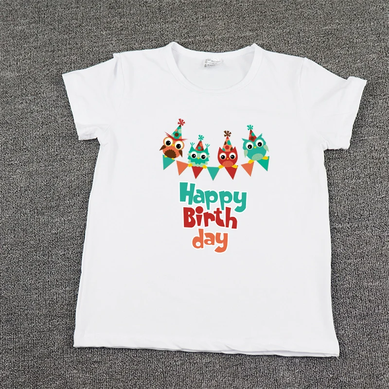 Children Boys T-shirt Happy Birthday Party Letter Print Girls T-shirt Rainbow Balloon Dinosaur Kids Tee Summer Clothes Top Tee