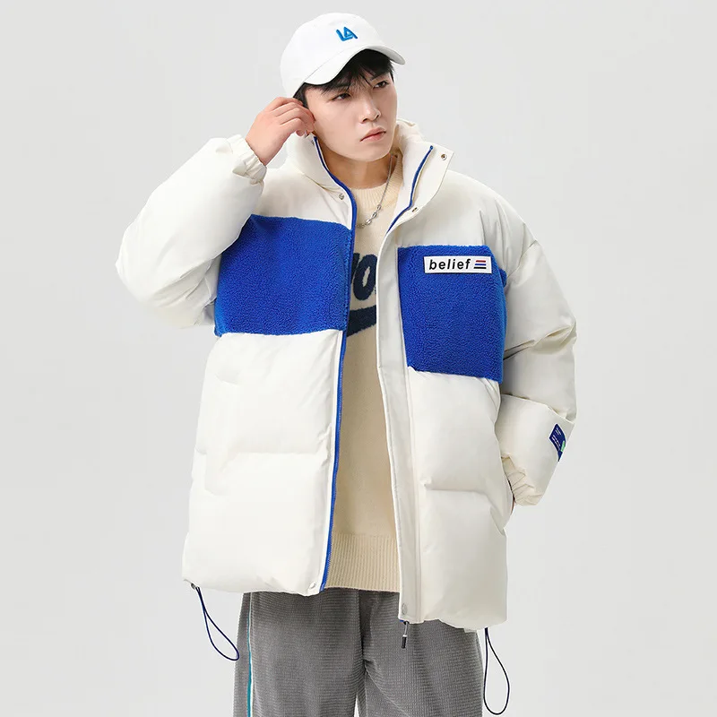 Mens Fashion Thickened Stand Collar Color Contrast Warm Winter Coat  Loose Casual Coats Outdoor High Collar Sports jackets