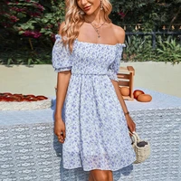 floral dress summer puff sleeve maxi woman square collar robe sexy lace up a line skirt aesthetic one shoulder pastoral style