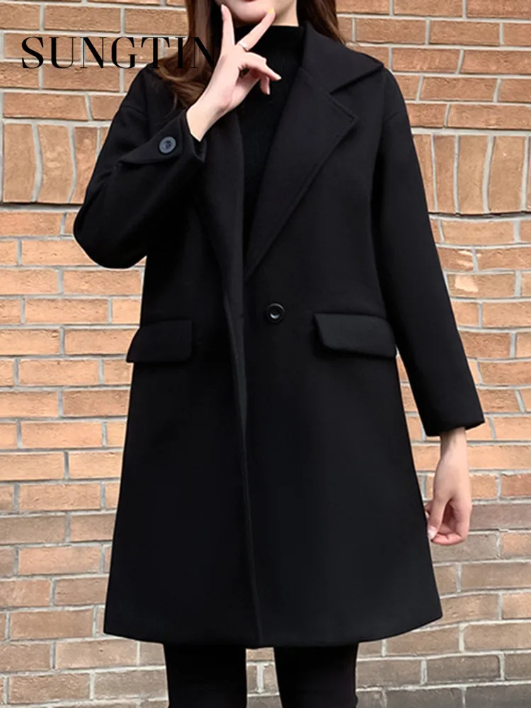 Sungtin зимнее винтажное черное шерстяное пальто оверсайз для женщинэлегантные свободные утепленные куртки из искусственного кашемира корейскиетопы с отворотами 4XL для женщин