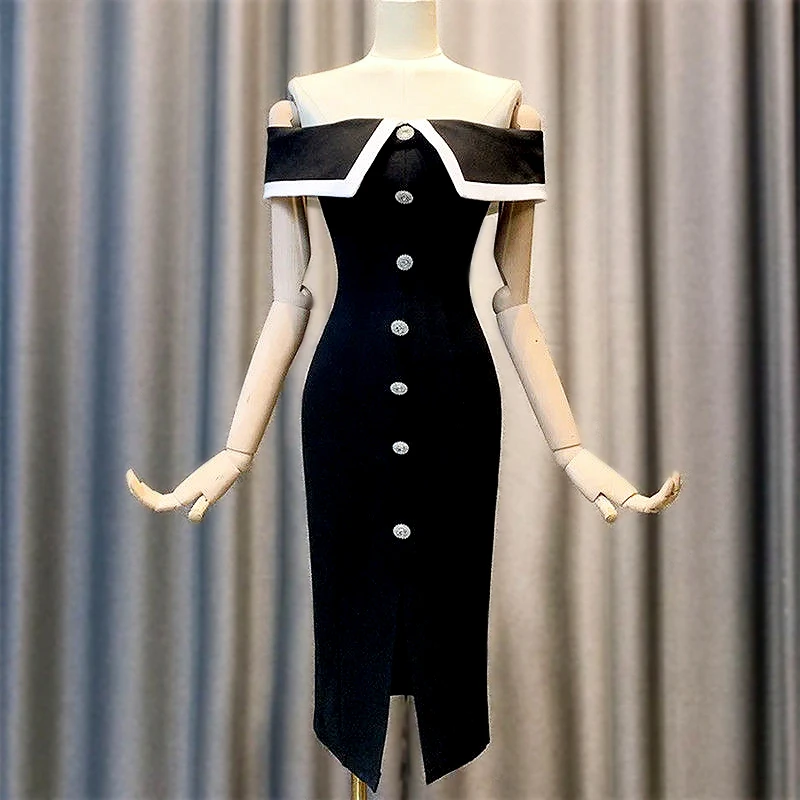 

Женское платье с воротником-лодочкой, элегантное облегающее однобортное платье черного цвета, модель SL461, 2022