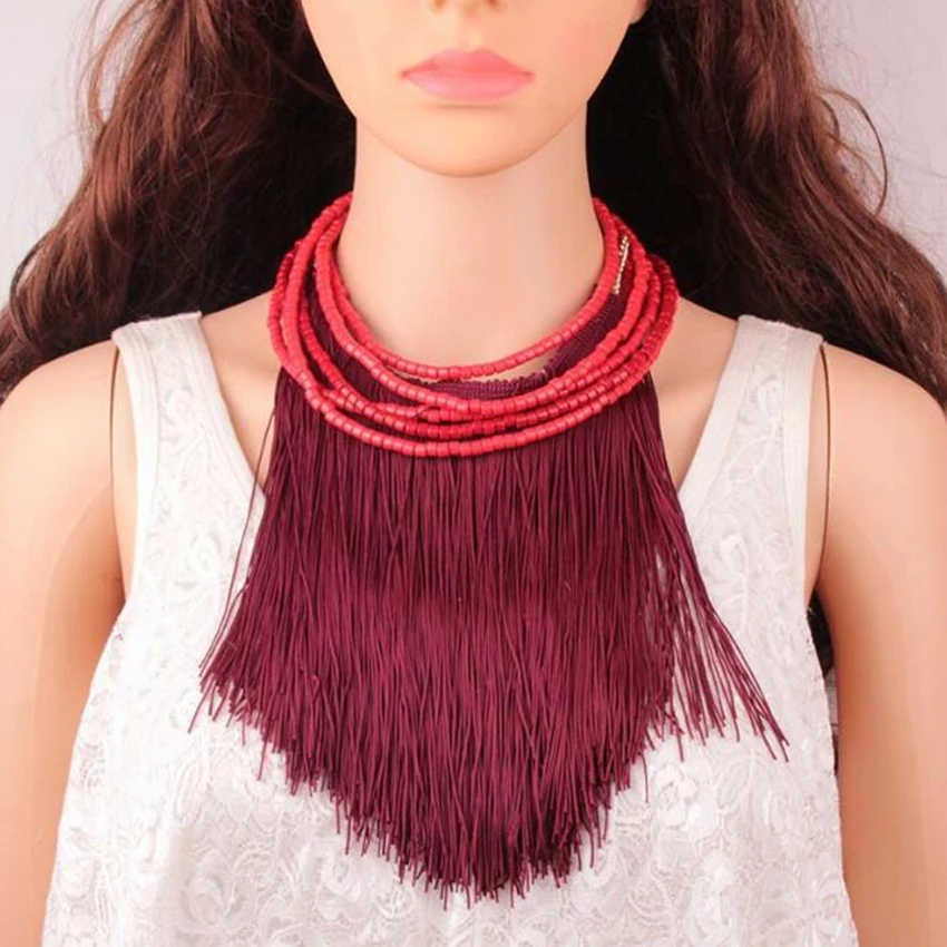 

DiLiCa Bohemian Long Tassel Statement Bib Necklace for Women Multi-layer Beads Cluster Choker Collar Necklaces&Pendants Jewelry