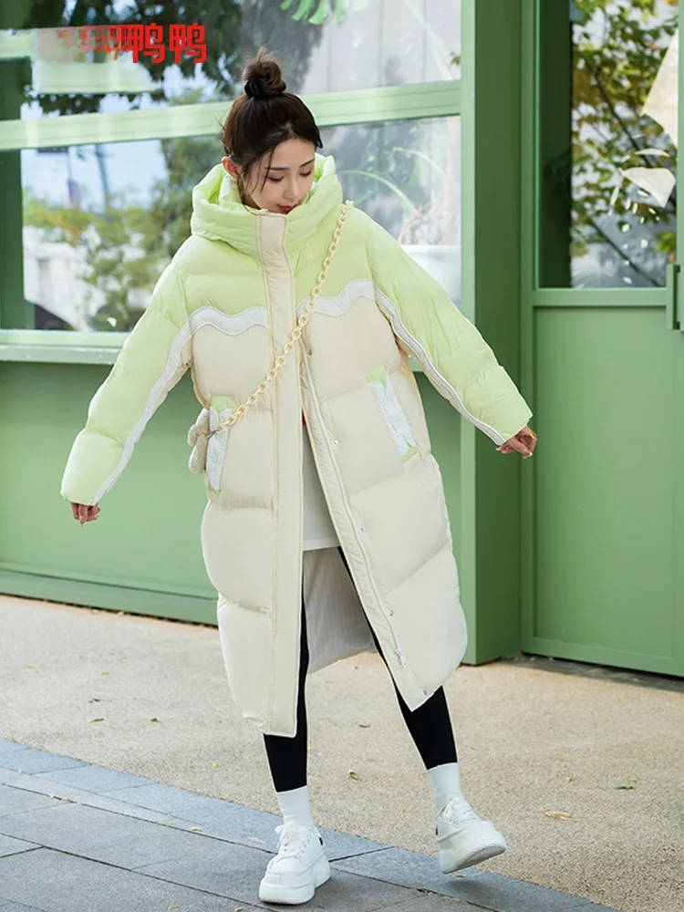 Duck 2024 New Down jacket Women Korean Sle Loose Warm Long over-the-Knee Color Matching Hood Fashion down Outerwear