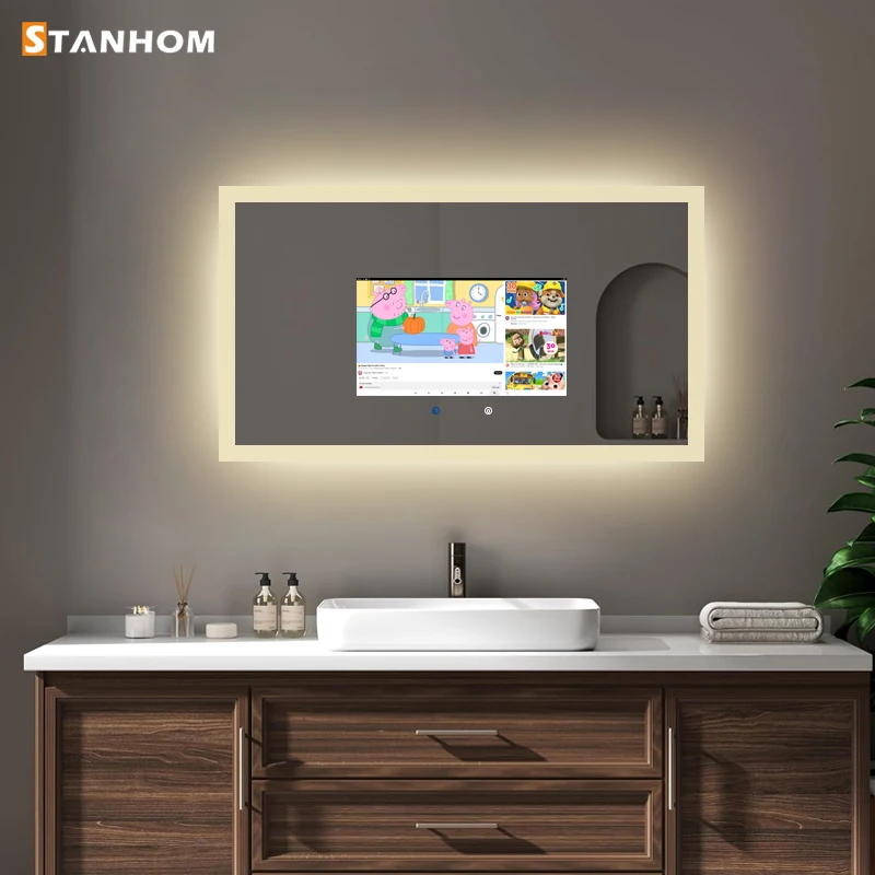 Фото Зеркало STANHOM для ванной комнаты Android 11, умное светодиодное зеркало с сенсорным экраном №1