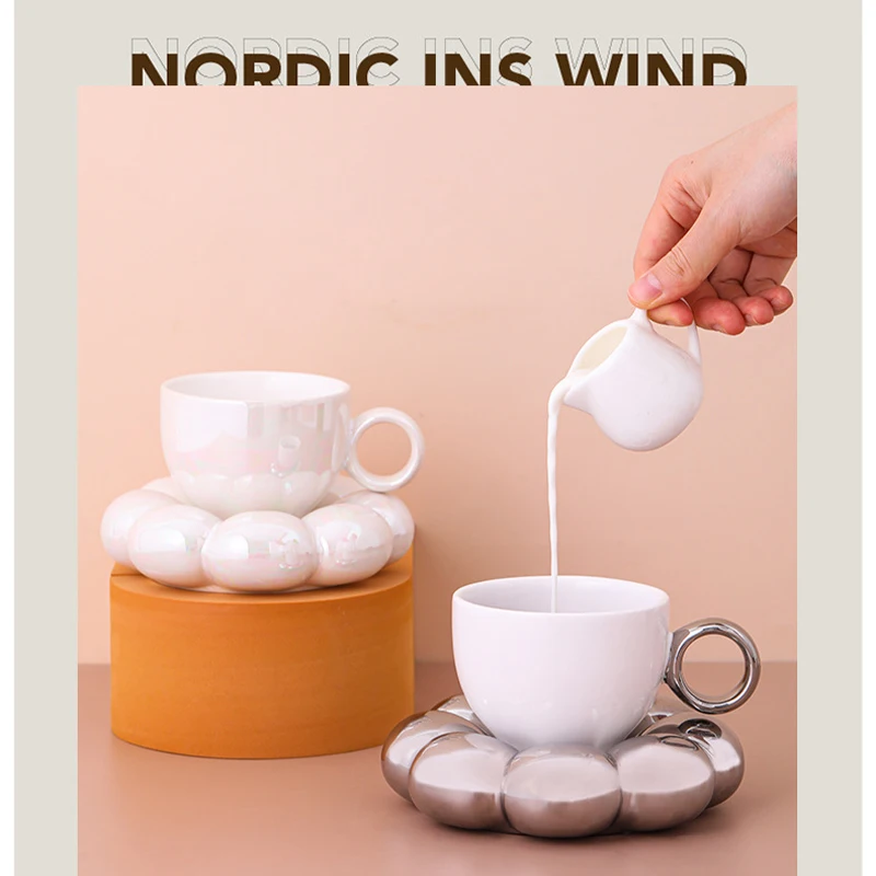 

200ml Nordic Ceramic coffee Mugs with tray Espresso Tea milk Cups Creative Drinkware Latte Mug Large Saucer Set Gifts for Friend