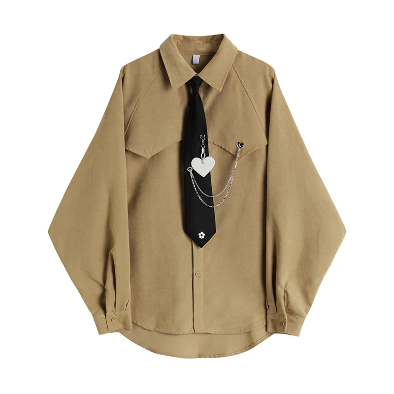 

SuperAen 2022, галстук с цепочкой в виде сердца, рубашка с отложным воротником, женские весенне-осенние новые свободные Универсальные женские топ...