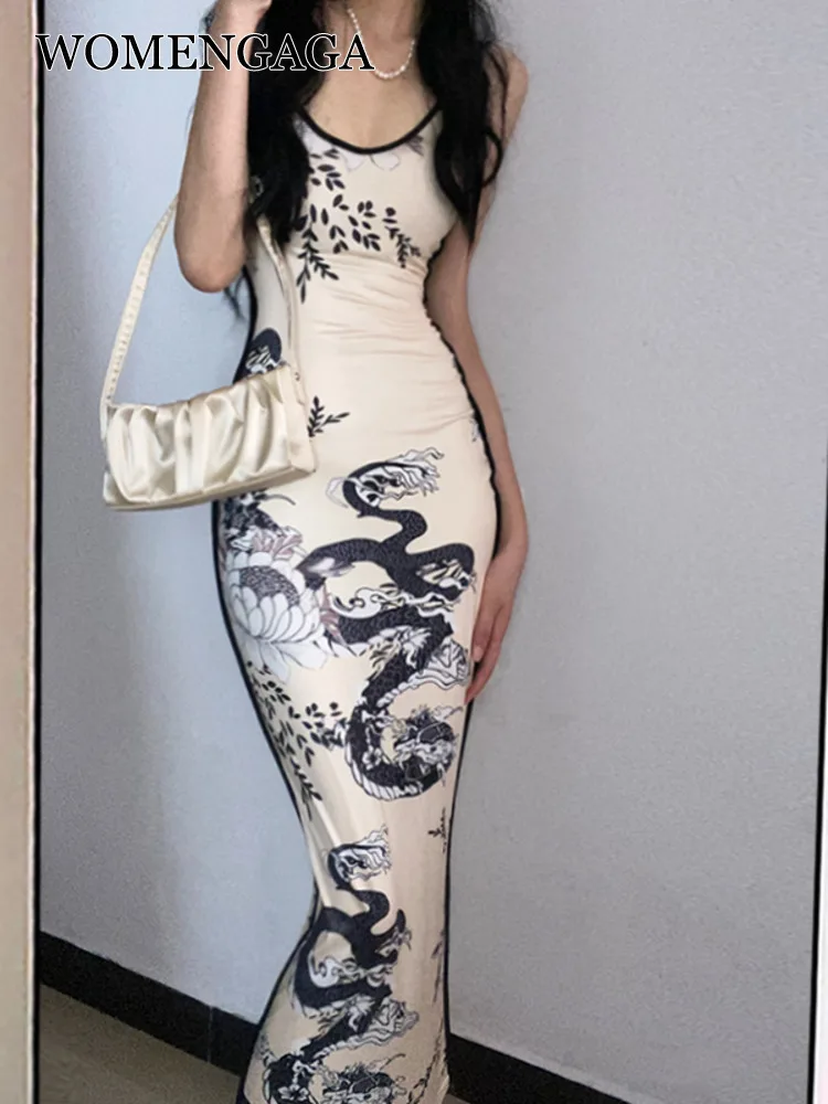 WOMENGAGA Chinese Style OL Elegant Robe Retro Dragon Print Backless Slim Hot Sexy Maxi Long Dress Dresses Sweet Korean Tops II9N