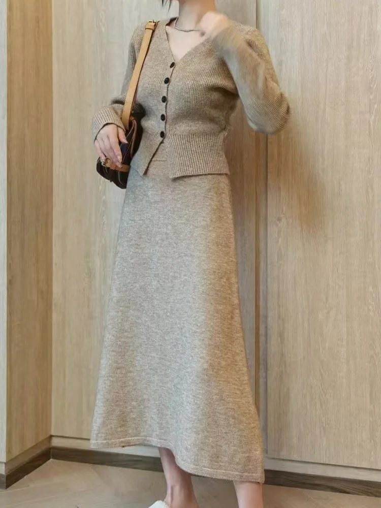 Элегантный женский офисный костюм UCXQ кардиган с V-образным вырезом свитер юбка