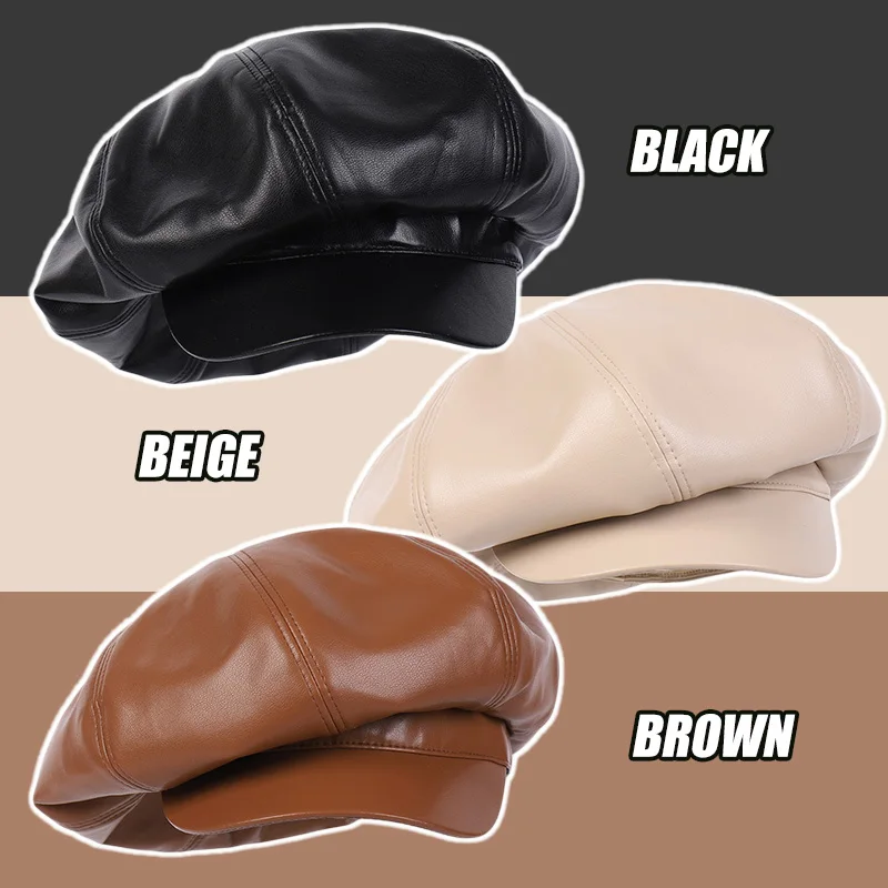 High Quality PU Leather Women Beret Hat Fashion Street Painter Newsboy Hat Cap Autumn Winter Warm Retro Brown Solid Color Beret