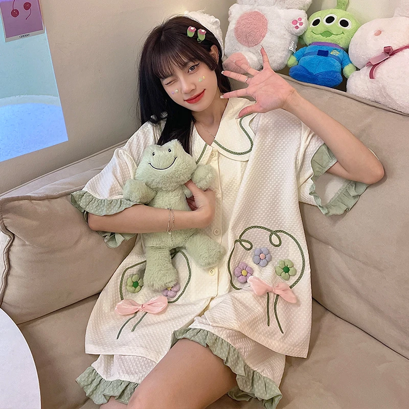 Summer Pajama Sets For Women Adult Cartoon Sweet Flower Sleepwear Cotton Pyjama Girl Homewear Short Pijama Suit Clothes