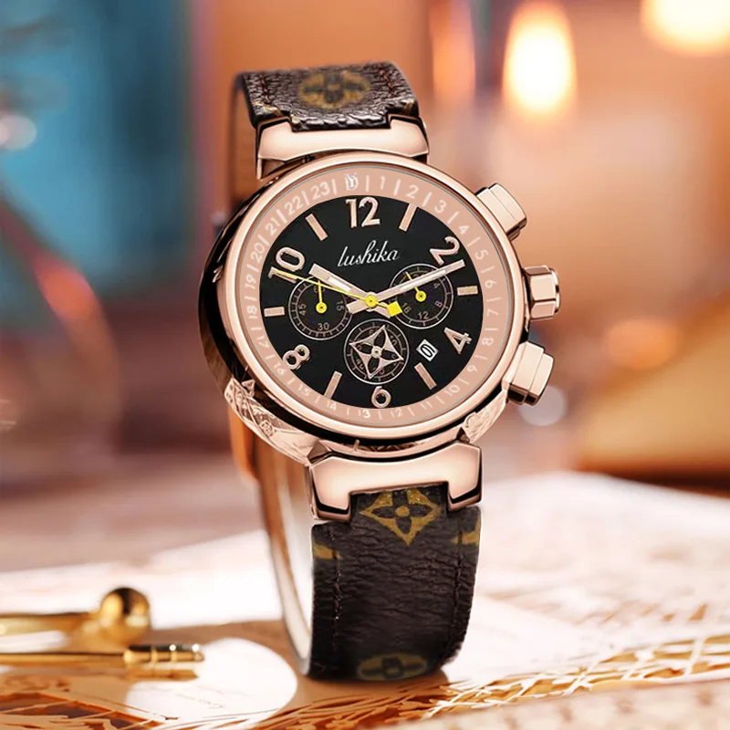 

UTHAI H103 Women's Watch Three Eye Timing 3Bar Waterproof Large Dial Coffee luxury Leather Strap Bracelet Fashion Quartz Watch