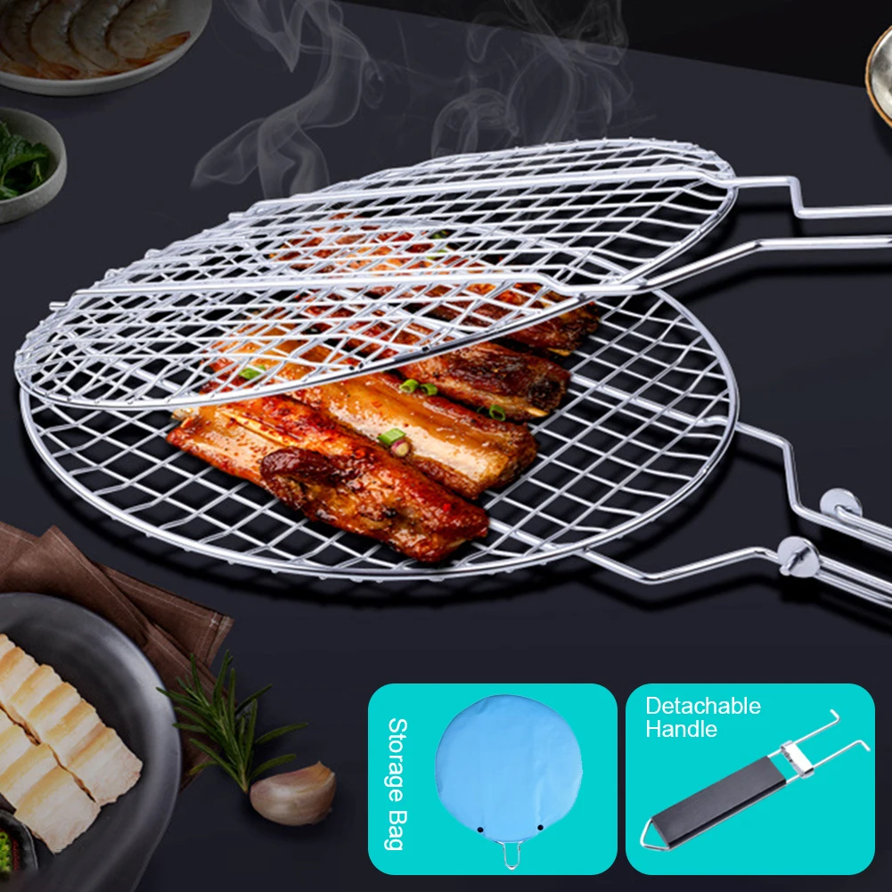 

BBQ Grill Basket Steak Grilling Rack 304 Stainless Steel Fish Steak Vegetable Holder With Removable Handle