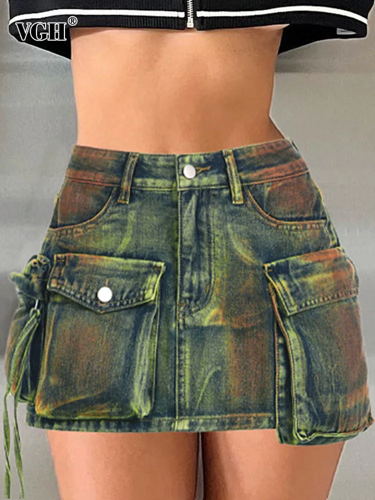 

Женская джинсовая мини-юбка с карманами VGH, облегающая Лоскутная юбка с высокой талией и шнуровкой, летняя модная одежда