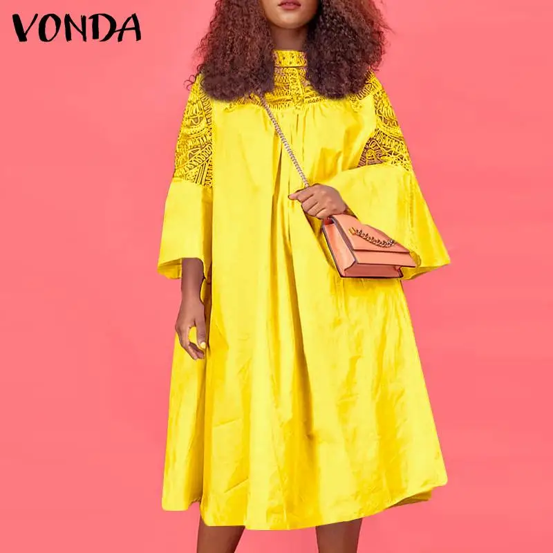 

VONDA 2022 Summer Lace Patchwork Dress Holiday Sundress Oversized Solid Party Dresses Women Vintage Flare Sleeve Baggy Vestidos